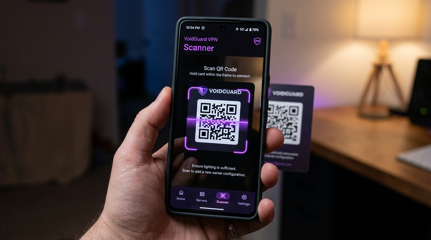 هاتف ذكي يعمل بنظام التشغيل Android مزود بشاشة مسح QR وعميل VPN أنيق بمظهر داكن.