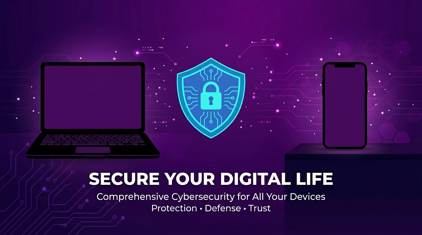  جلد راهنمای «انتخاب VPN 2026» - لپ تاپ و تلفن، سپر با قفل، گرافیک آرام و بدون نمادهای سیاسی.