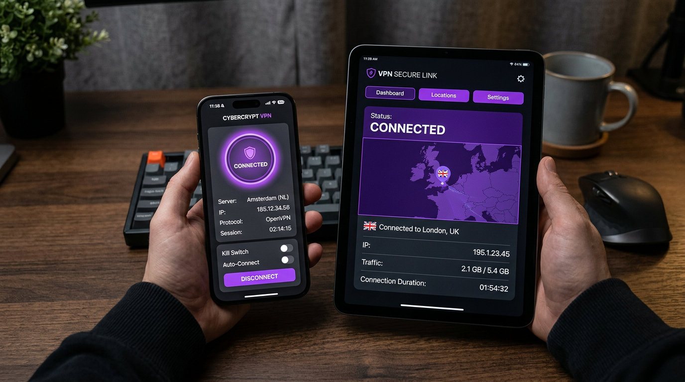 iPhone وiPad بنفس نمط واجهة عميل VPN، بدون شعارات خدمة الطرف الثالث.