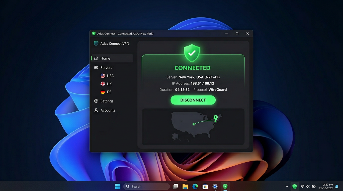 دسکتاپ ویندوز 11 با سرویس گیرنده VPN در پنجره و سینی سیستم "متصل است."