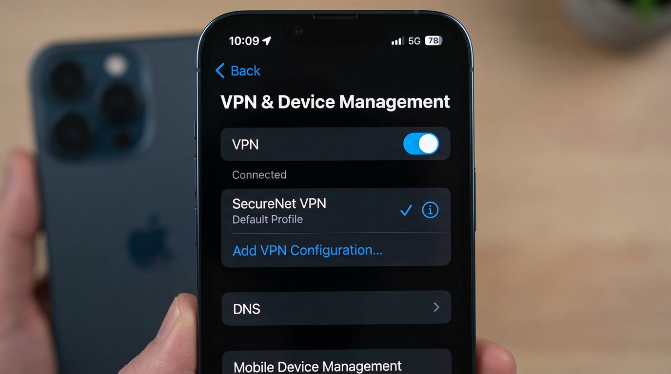 إعدادات iOS: تم تمكين VPN، الملف الشخصي نشط (صورة توضيحية).