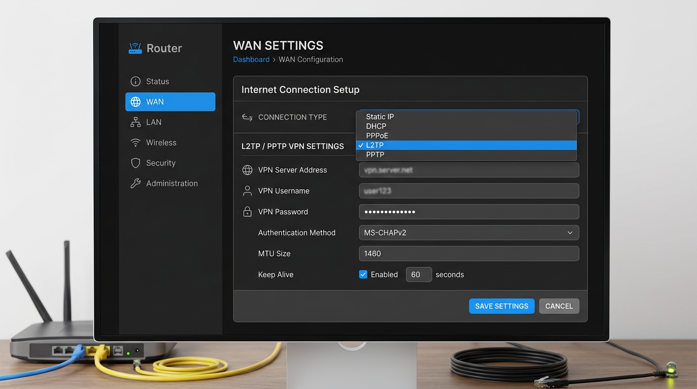 بخش سرویس گیرنده WAN / VPN با پارامترهای تونل (تصویر).