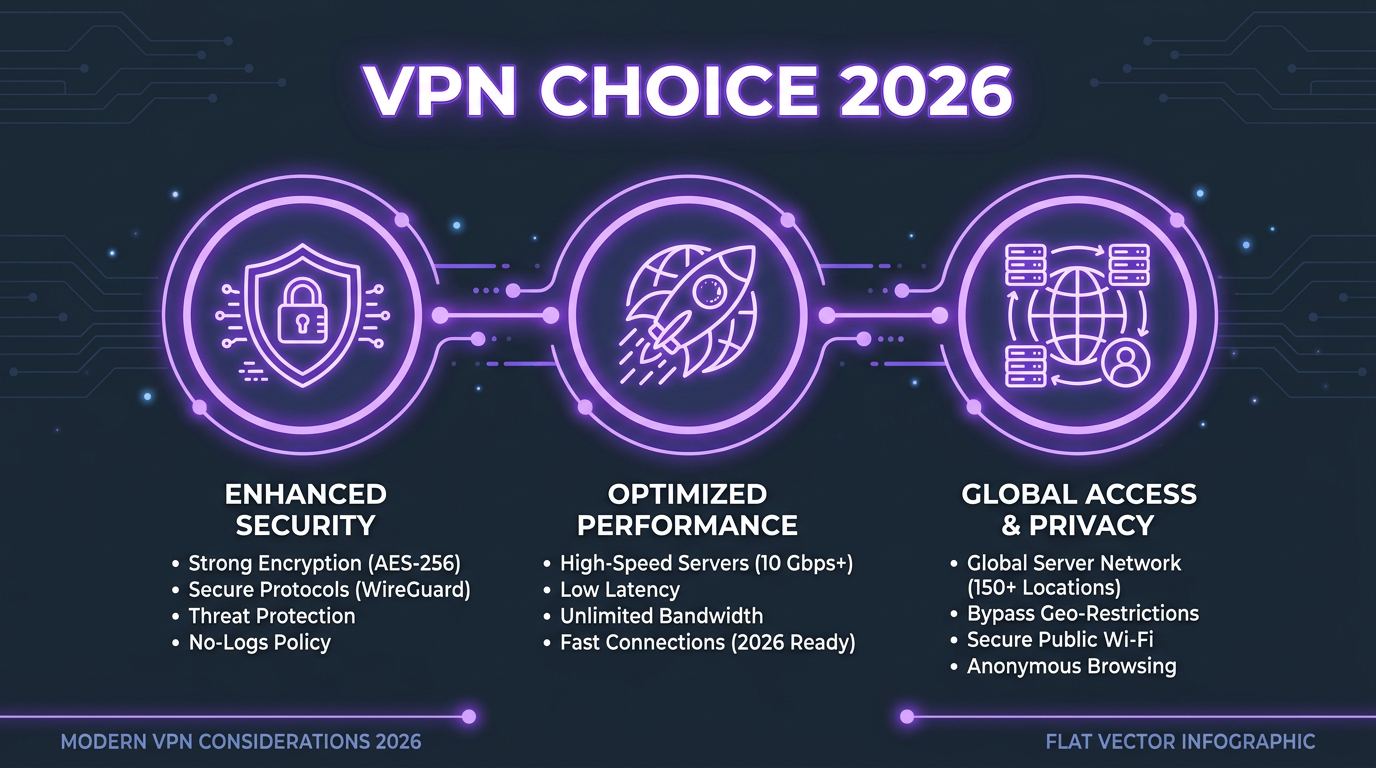 диаграмма выбор VPN 2026 — стиль RushVPN, нейтральная палитра.