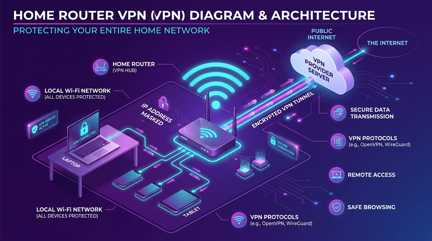 диаграмма VPN на домашнем роутере — стиль RushVPN, нейтральная палитра.
