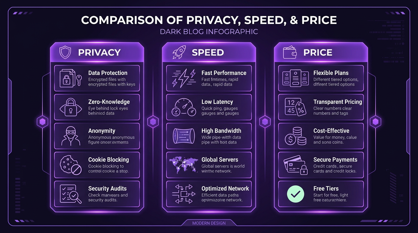 диаграмма сравнение RushVPN, Mullvad и ProtonVPN — стиль RushVPN, нейтральная палитра.