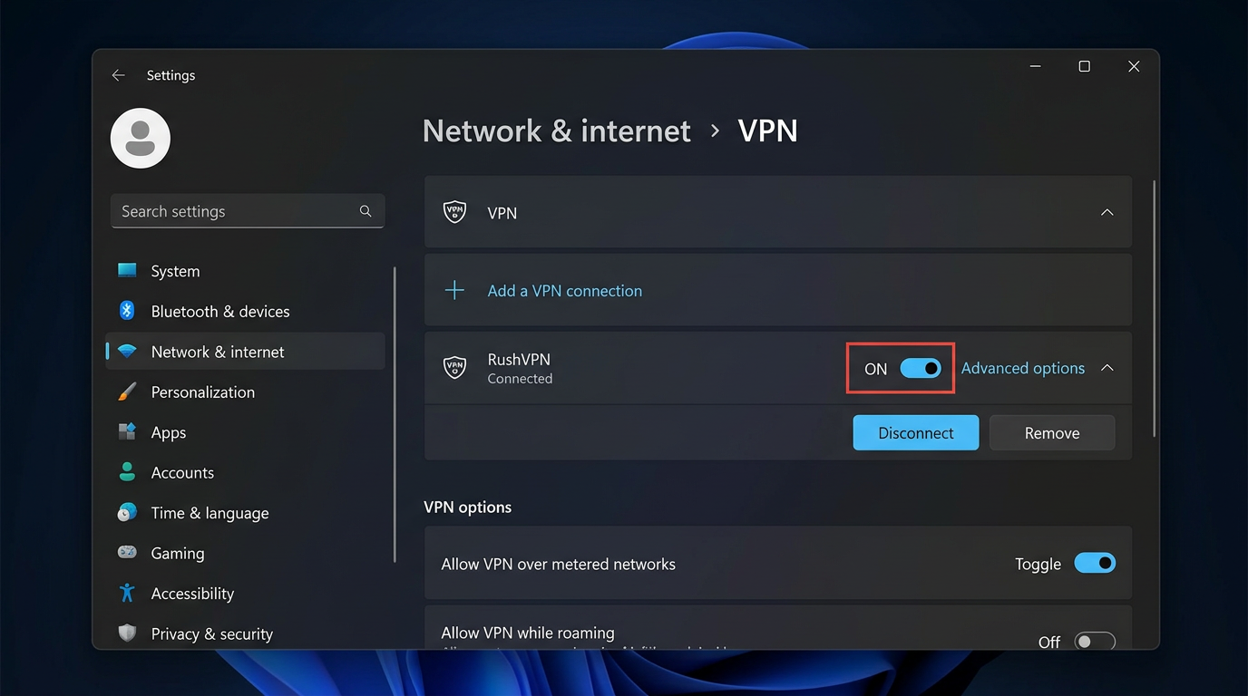 بخش شبکه ویندوز: اتصال VPN و سوئیچ (تصویر).
